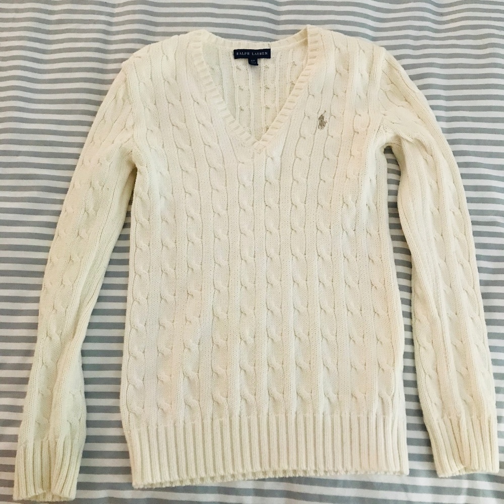 Ralph Lauren V Neck Cable Knit Sweater (Ivory)